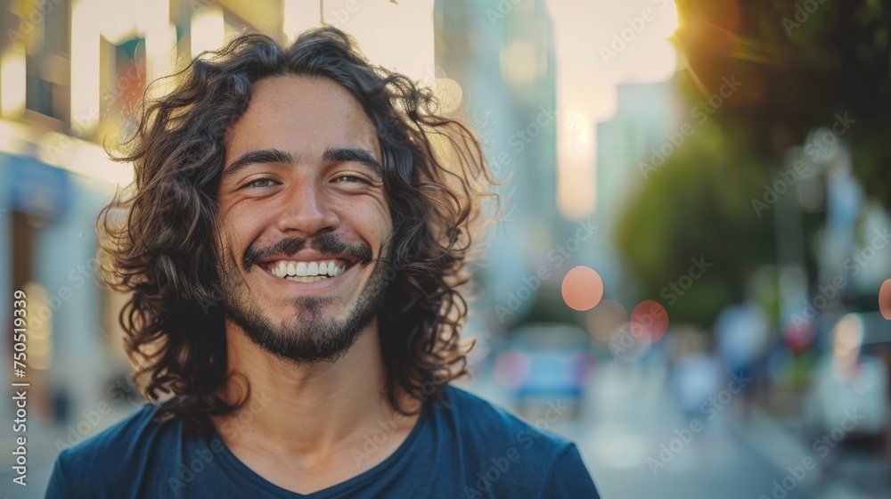 A happy latino wavy-haired man smiles widely in a bustling downtown setting, his joy contrasting with the urban environment. A happy latino wavy-haired man smiles widely in a bustling downtown setting, his joy contrasting with the urban environment.