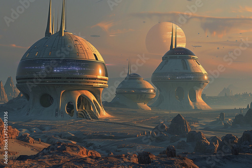An alien city on the surface of a desert planet, with domed structures for protection. Ф group of futuristic buildings are sitting on top of a desert landscape
