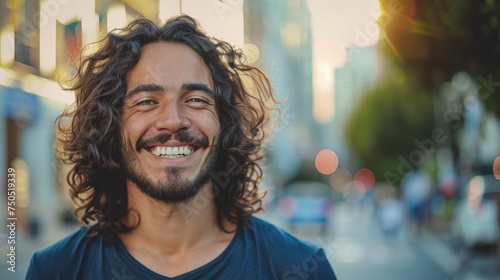A happy latino wavy-haired man smiles widely in a bustling downtown setting, his joy contrasting with the urban environment.