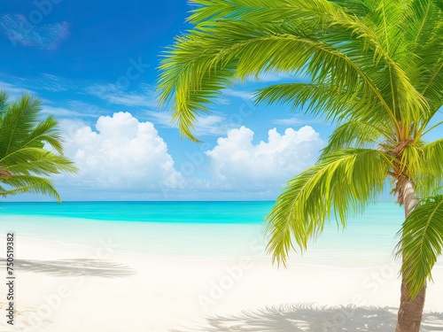 Palm tree leaves and sand beach with a blurry background of the ocean