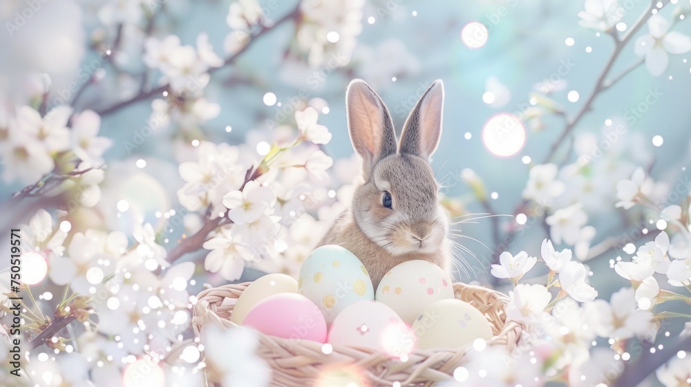 A charming bunny amidst Easter eggs nestled in a basket surrounded by blooming spring flowers.