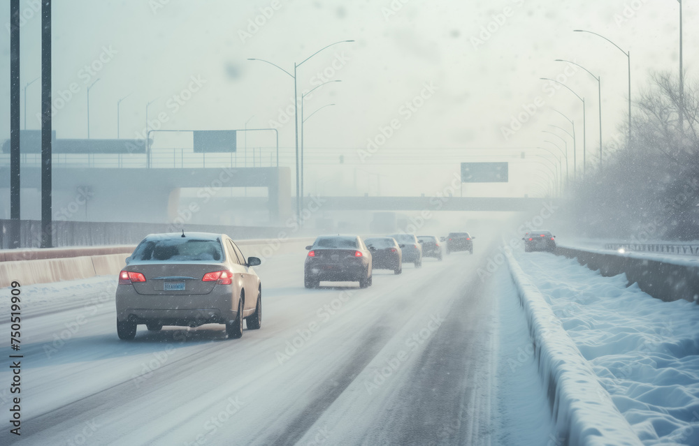 Winter commute cars driving on snowy highway Winter commute cars driving on snowy highway