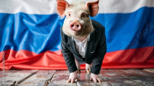 A humorous and digitally altered image of a pig head on a human body in a suit before a Russian flag backdrop.