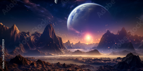 Cosmic dawn over an alien rocky landscape with glowing orbs