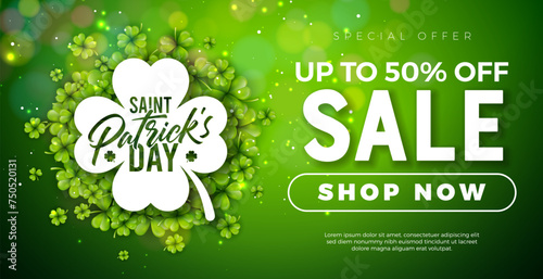 Saint Patrick's Day Sale Banner Illustration with Clover Leaves on Shiny Green Background. Irish Traditional St. Patricks Day Lucky Celebration Vector Design for Coupon, Voucher or Promotional Poster.