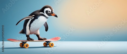 Penguin confidently riding a skateboard with style