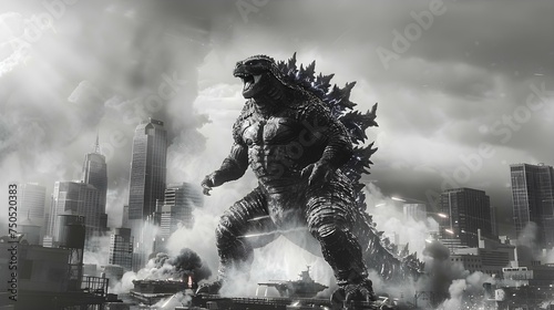 Monstrous Godzilla wreaking havoc in urban setting depicted in grayscale tones. Concept Godzilla, Urban Destruction, Grayscale Tones, Monstrous Scenes, Epic Battle photo
