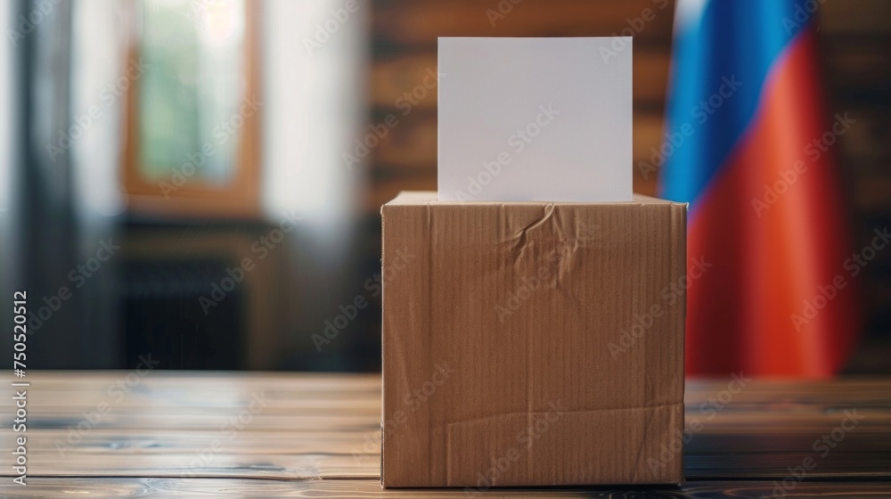 A cardboard box with a piece of paper sticking out of it. Russian flag in the background - obrazy, fototapety, plakaty 