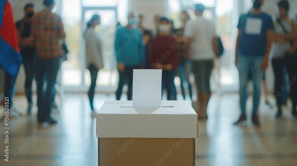 Naklejka premium Several individuals standing in a circle around a ballot box, possibly engaged in voting or discussion