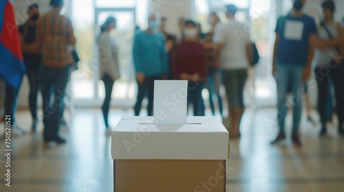Several individuals standing in a circle around a ballot box, possibly engaged in voting or discussion