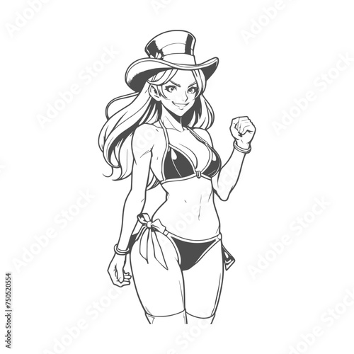 St. Patricks Day. Beautiful female leprechaun wearing hat and swimsuit. Young attractive woman in bikini. Sketch style outline. Young woman as elf character for advertising.