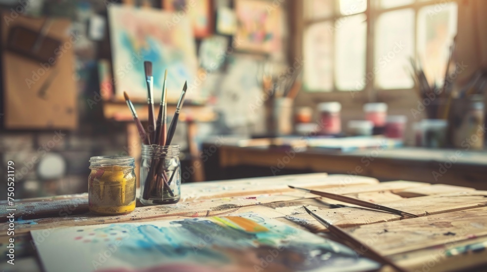 A jar of paint is placed on top of a wooden table in a messy artists workspace A jar of paint is placed on top of a wooden table in a messy artists workspace