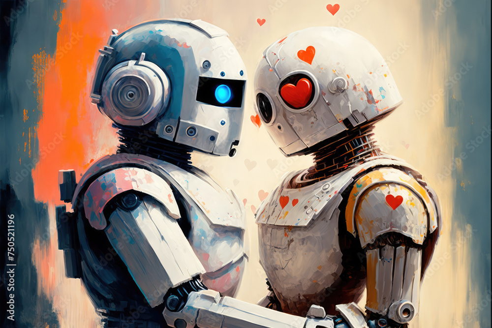 Robots in love, android couple holding each other, generative AI, digitally painted, heart,