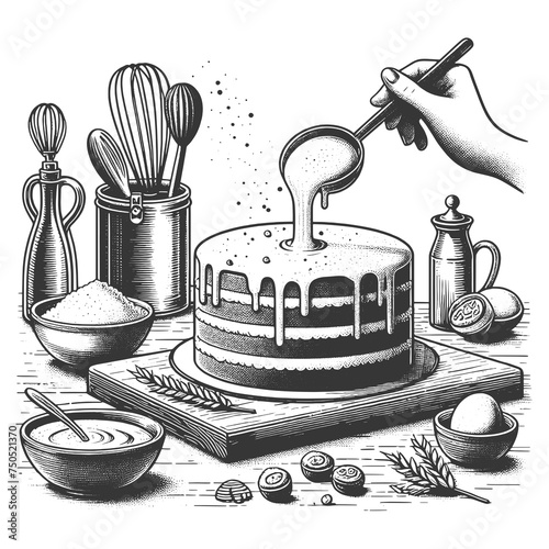 Cake baking hand-icing kitchen utensils and ingredients. Sketch line art engraving generative ai raster illustration. Scratch board imitation. Black and white image.