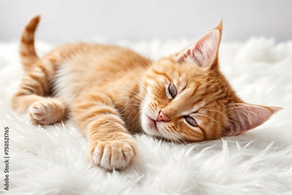 A cute, orange tabby kitten relaxing on a soft, white surface, Perfect for pet lovers, animal themes, or cozy concepts. generative ai