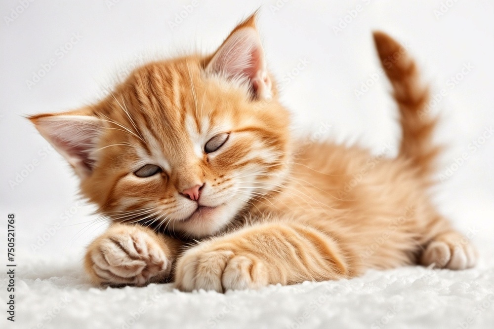 A cute, orange tabby kitten relaxing on a soft, white surface, Perfect for pet lovers, animal themes, or cozy concepts. generative ai A cute, orange tabby kitten relaxing on a soft, white surface, Perfect for pet lovers, animal themes, or cozy concepts. generative ai
