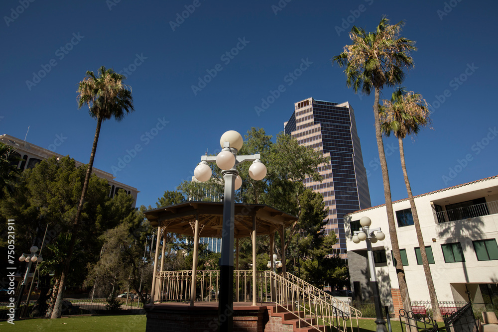 Obraz premium Afternoon view of palm trees framing the downtown skyline of Tucson, Arizona, USA.