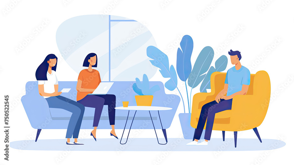 Several individuals of different genders and ages are seated on a couch in a living room, engaged in conversation or watching TV Several individuals of different genders and ages are seated on a couch in a living room, engaged in conversation or watching TV