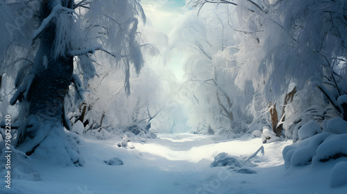 Frozen winter forest with snow covered trees. 3d illustration.