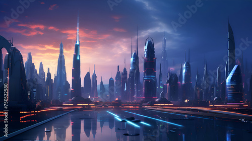 Futuristic city at night. 3d rendering. Computer digital drawing.