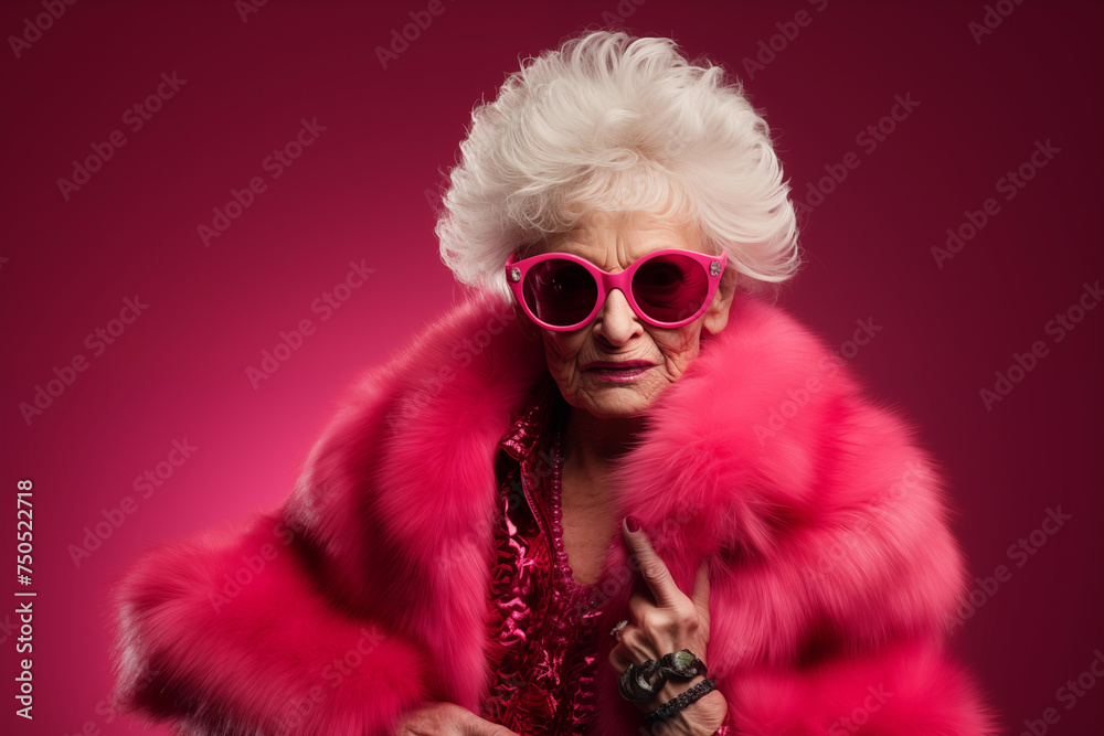 Stylish elderly woman in pink fur with sunglasses in a studio on a plain background