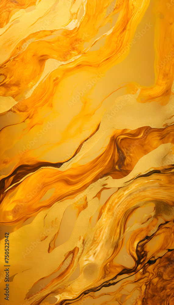Abstract background of yellow and brown liquid acrylic paint in marbling technique