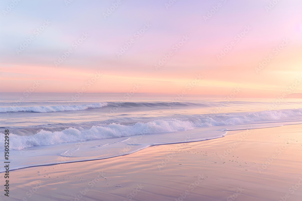 Tranquil Beach during a Vibrant Sunset Offering Sense of Peaceful Solitude - obrazy, fototapety, plakaty 