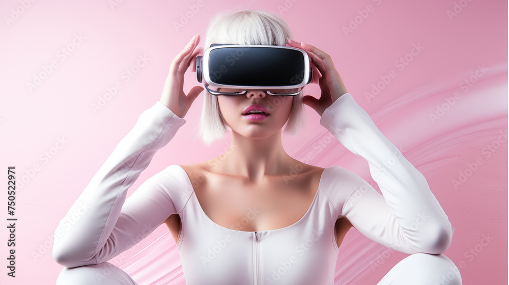 A woman wearing a virtual reality glasses