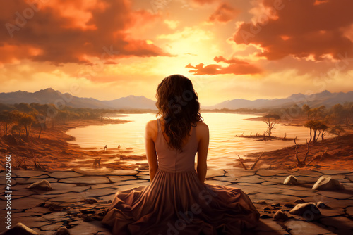 A woman in a flowing dress sits with her back against the background of a orange sunset  dried landscape and scorched earth. Concept of environmental problems  global warming. Copy space