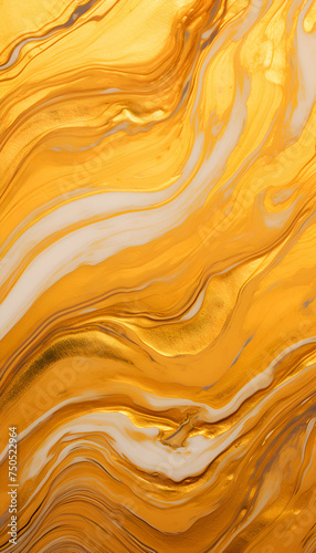 Yellow and white abstract acrylic background. Marbling texture. Agate ripple pattern. Gold powder.