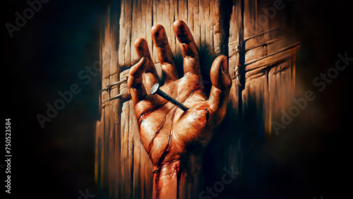 The Suffering at Calvary: Jesus' Wound, Christ Hand is Nailed to the Cross at Golgotha