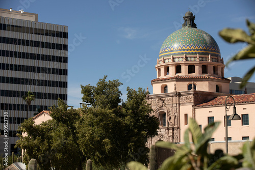 Afternoon light sines on the Pima County Historic Courthouse and downtown skyline of Tucson, Arizona, USA. photo