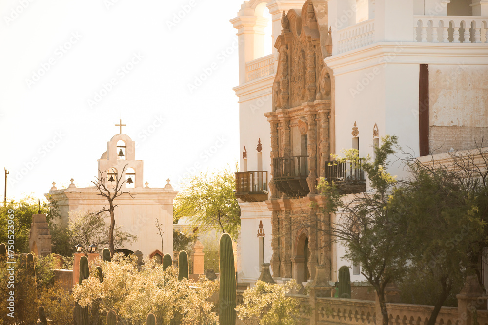 Built in 1797, afternoon light shines on the historic Spanish colonial era San Xavier del Bac Mission in Tucson, Arizona, USA.