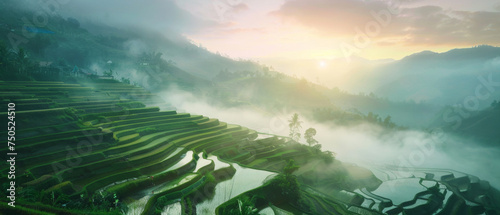 Ethereal sunrise hues bathe terraced rice fields in a tranquil morning mist.