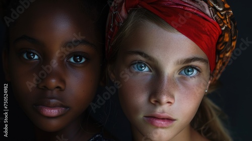 portrait of two people, portrait of one African girl, one Danish girl. 