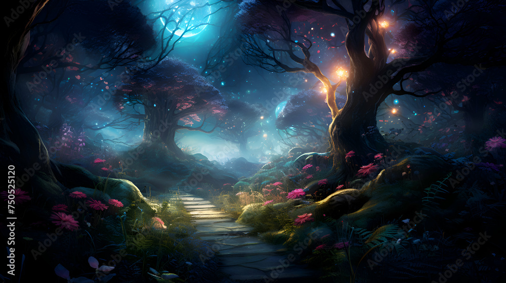 Mystical dark forest. 3D illustration. Fantasy world. Mystical dark forest. 3D illustration. Fantasy world.