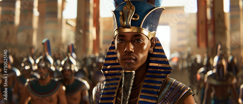 A regal figure stands powerful amidst an ancient Egyptian tableau, a pharaoh in command.