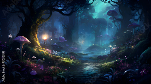 Fantasy landscape with magic forest and mushrooms. 3D illustration.