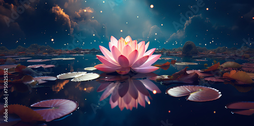 Illustration of Pink lotus flowers in the middle of a pond, surrounded by stars in the night sky. Magha Puja, Asanha Puja, and Visakha Puja Day. Buddhist holiday Concept. Generative Ai.