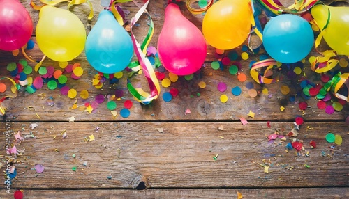 colorful carnival or party frame of balloons streamers and confetti on rustic wooden board