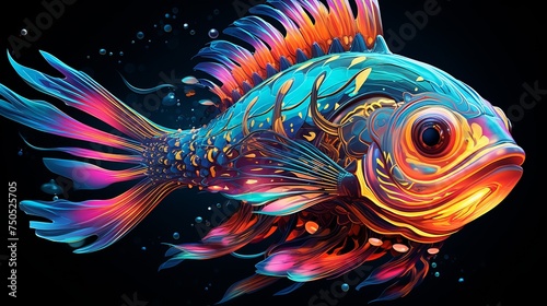 vector illustration of cute neon fish portrait with bright and bright colors in isolation with dark colors