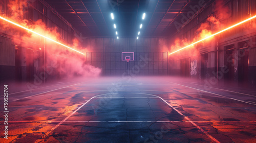 An atmospheric and futuristic basketball court illuminated by neon lights under a haze of dramatic smoke. © Александр Марченко