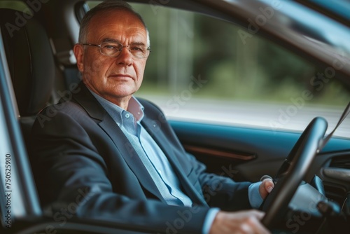 businessman in car, portrait of elegant senior business man, sitting in car seat, with car steering wheel in hands, isolated on studio background, © suphakphen