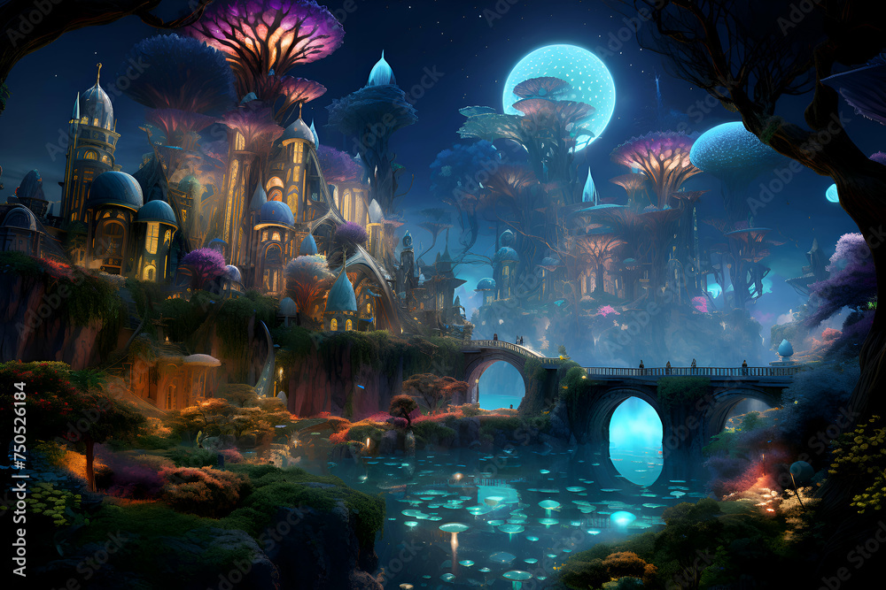 Fantasy fantasy landscape with fantasy castles and pond. 3d illustration