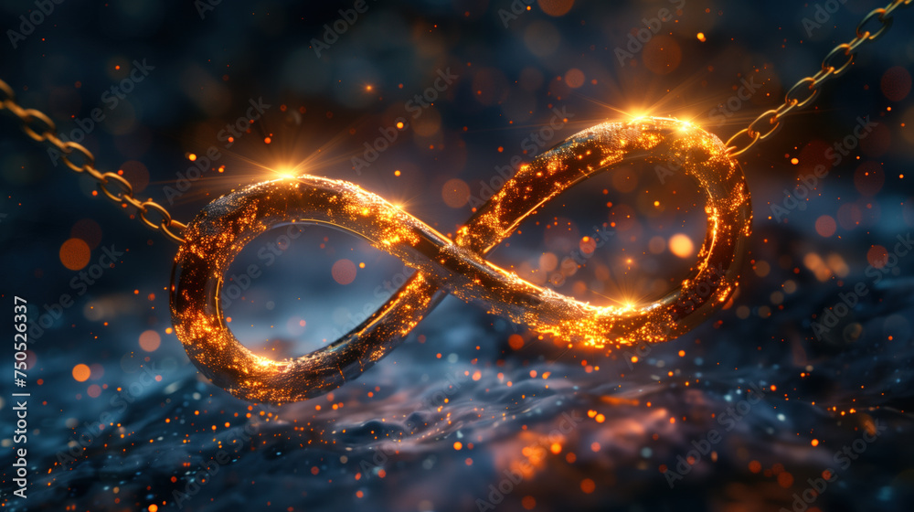 Glowing Golden Infinity Chain with Sparkling Particles. - obrazy, fototapety, plakaty 