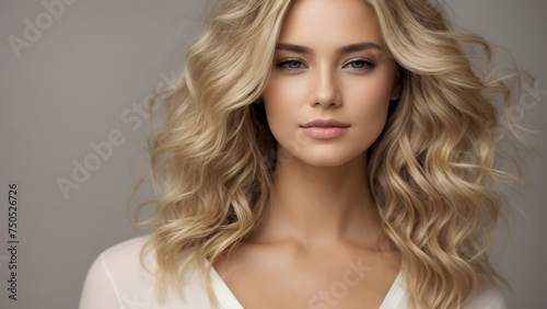 beautiful blonde woman with healthy skin looks at the camera and touches her face with her hands. natural makeup of a young beautiful model on a studio background with copy space. cosmetic concept