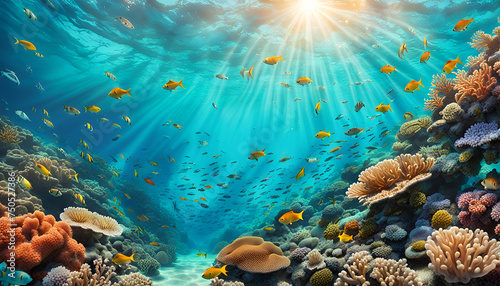 Korallen bunt Riff Korallenriff mit Fischen in türkis blauen Wasser in Meer und Ozean, wie Karibik mit Sonne Lichtstrahlen hell und lebendig voller Leben Aquarium Mehresbewohner Urlaub tauchen Hai
