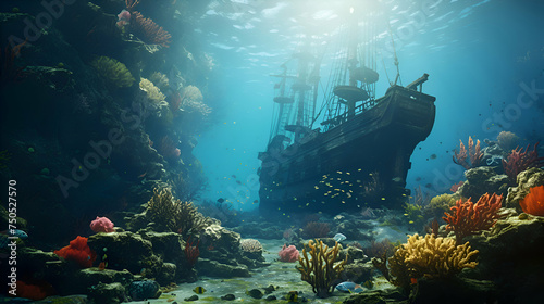 Beautiful underwater world with shipwreck and coral reef. 3d render © Wazir Design
