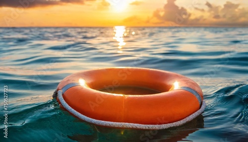orange lifebuoy floating at sea sunset sunrise wide horizontal banner