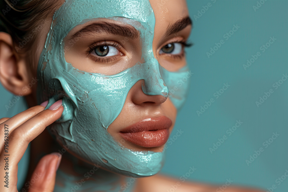Close up photo of young woman with cosmetic face mask. Portrait of beautiful girl taking care of her facial skin. Cosmetology and spa concept